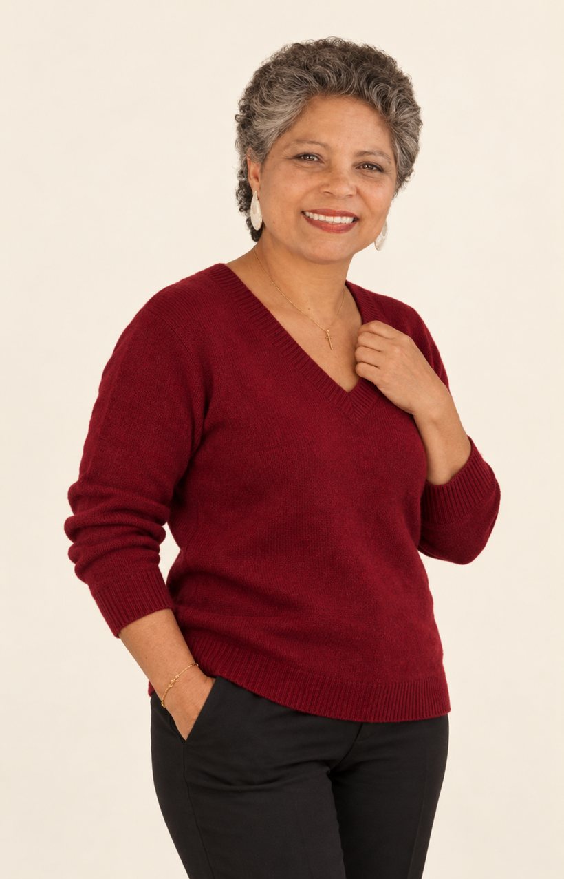 Ysabelle-Rose Mouchigam, souriante, en pull bordeaux
